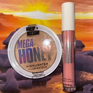 Makeup Obsession Mega Honey Highlighter & Resolute Lipgloss Set NEW